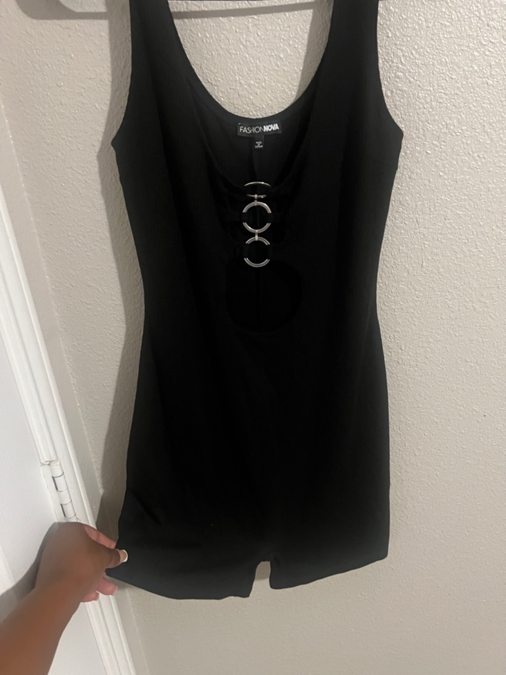 Fashion Nova Black Ribbed O-Ring Cutout  Romper